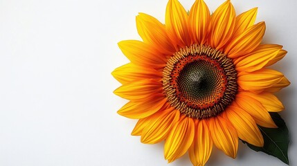 Obraz premium Close up of vibrant sunflower bloom with rich yellow petals and green center on a clean white background for floral beauty themes