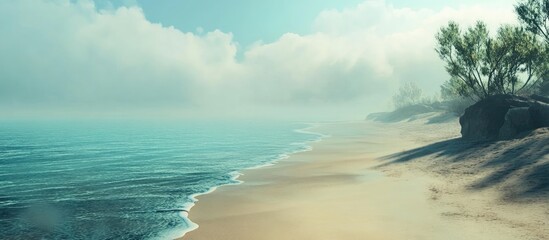 Serene deserted beach landscape with gentle sea fog creating a tranquil and ethereal atmosphere by the water's edge