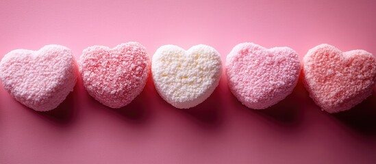 Heart-shaped marshmallows in pastel colors arranged on a pink background for a sweet and romantic concept.