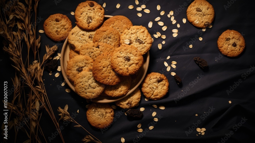 Poster oat flake cookies with seeds arranged in a heap on a dark background showcasing rustic baking and na
