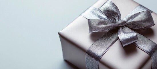 Elegant silver gift box with a stylish ribbon on a minimalist white background perfect for...