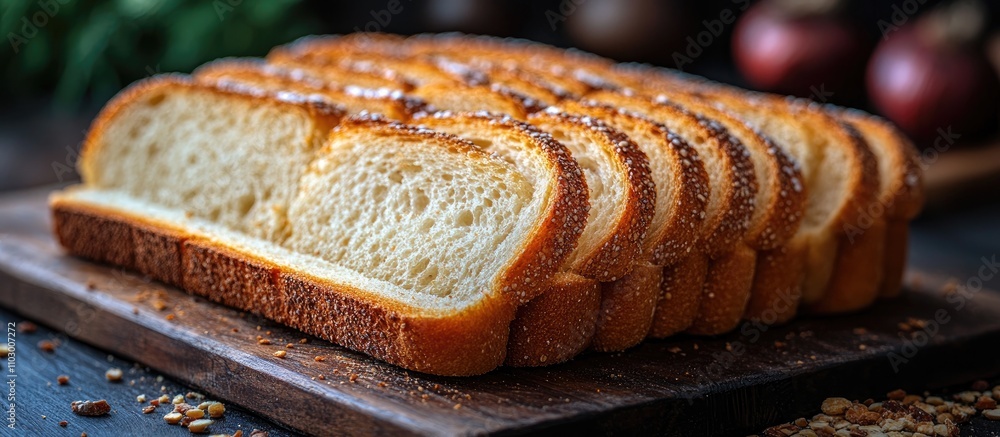 Poster sliced bread arranged on a wooden board showcasing texture and freshness with a rustic background pe