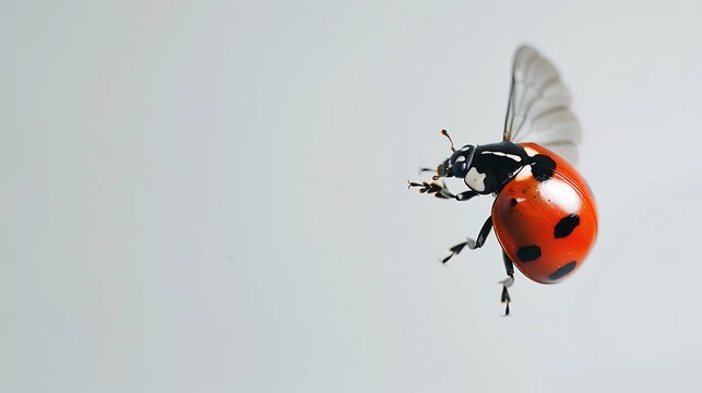 A lovely ladybug flying through the air, spreading its wings on a white background