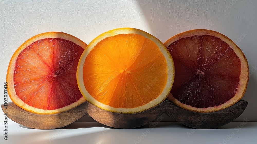 Poster sliced oranges in three vibrant segments showcasing color variations on a white background for fresh