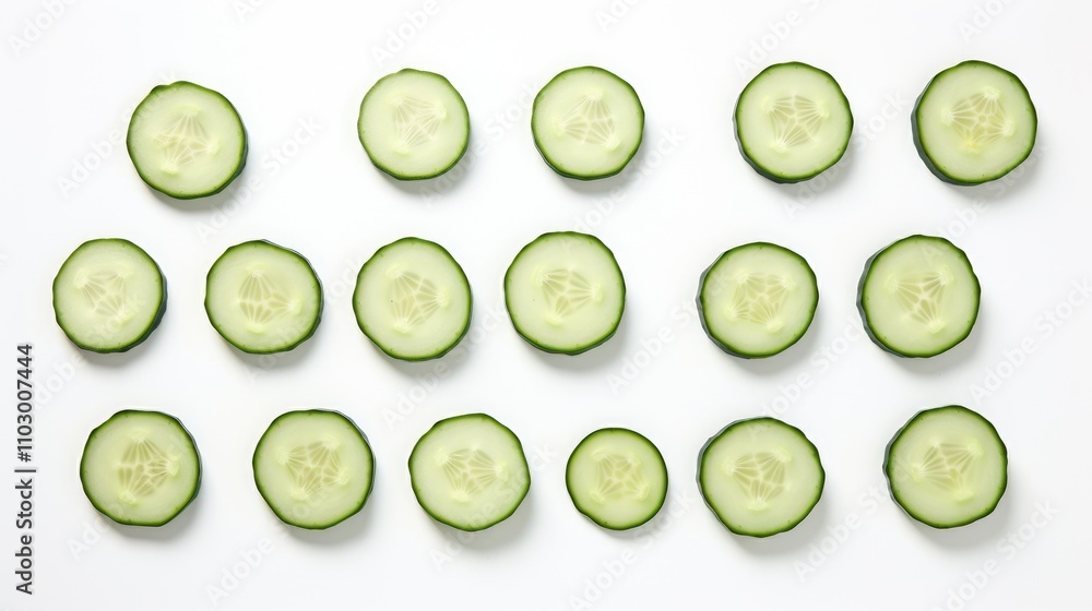 Poster cucumber slices arranged in a grid pattern showcasing their fresh texture and color on a clean white