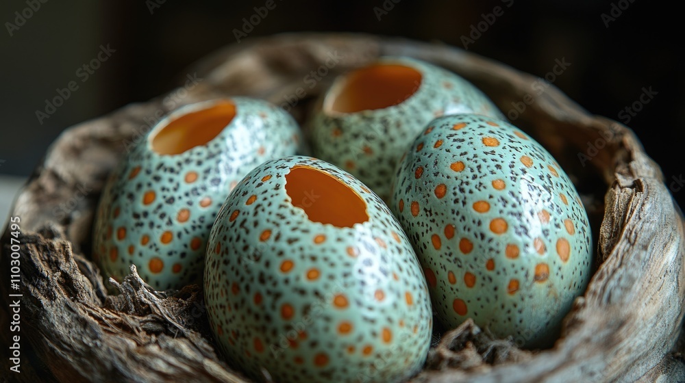 Aufkleber closeup view of colorful dinosaur eggs in a natural nest showcasing intricate patterns and textures 