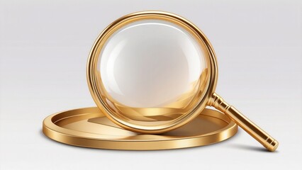 transparent background, 3D rendering, gold icon sticker, and magnifying glass png
