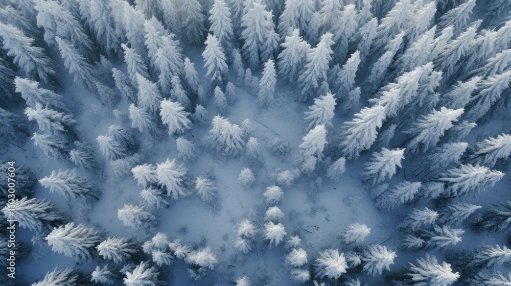 Poster aerial view of a serene winter landscape showcasing a pristine snowy forest with frosted trees and t