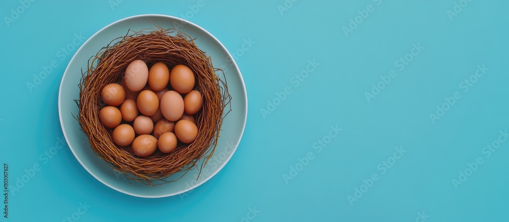 Poster plate resembling a bird nest with brown eggs on a vibrant blue background aerial view showcasing spa