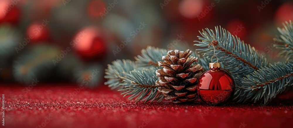 Poster spruce branch with a cone and a red ornament on a glossy red surface creating a festive holiday atmo