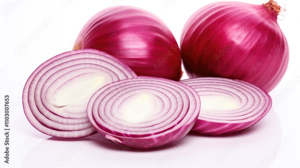 Poster sliced red onion with whole onions isolated on a white background for culinary and food presentation