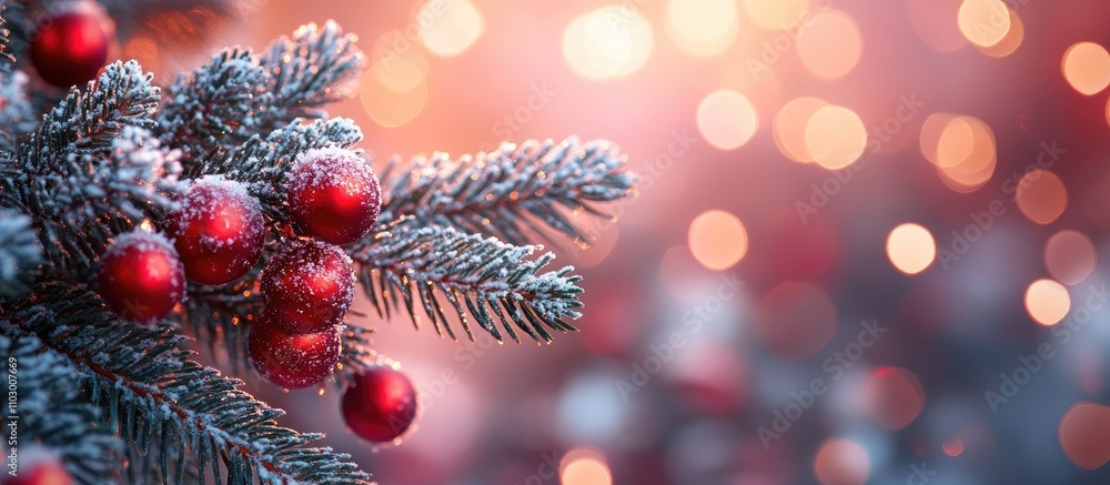 Poster christmas background with frosted pine branches and red ornaments creating a vibrant bokeh effect in