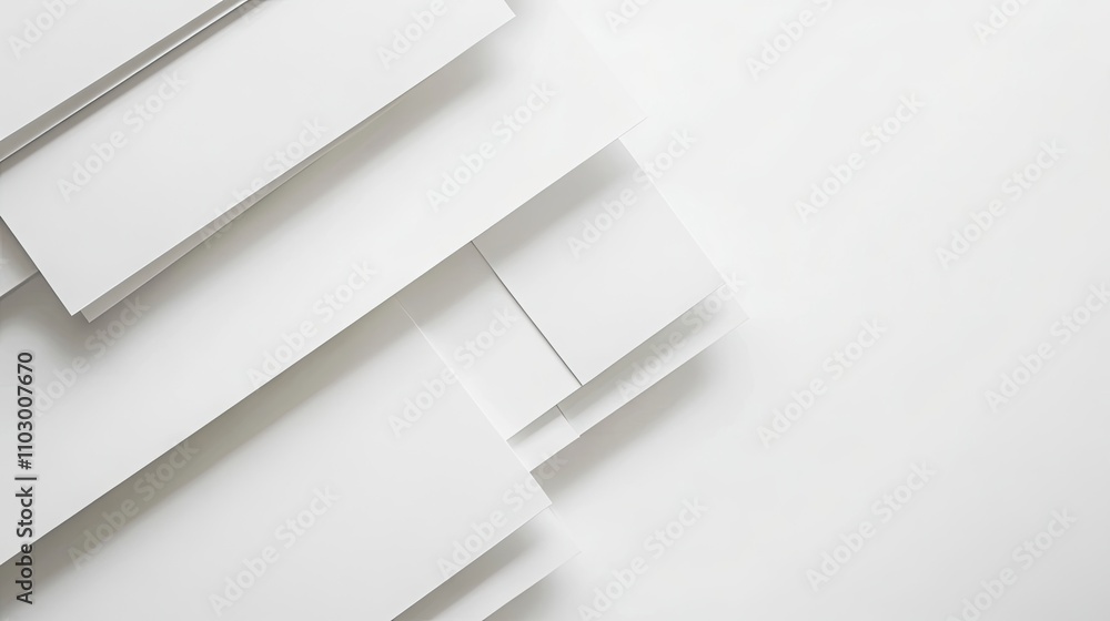 Poster a collection of white papers arranged neatly, isolated on a bright white background, with ample spac