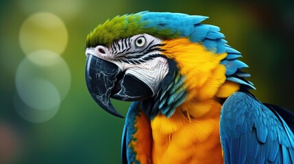 Obraz premium Vibrant blue and yellow macaw parrot showcasing intricate feather details in a lush natural setting