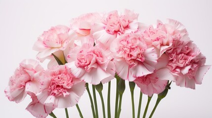 Fototapeta premium Stack of delicately arranged pink and white carnation flowers on a clean white background showcasing their vibrant colors and textures.