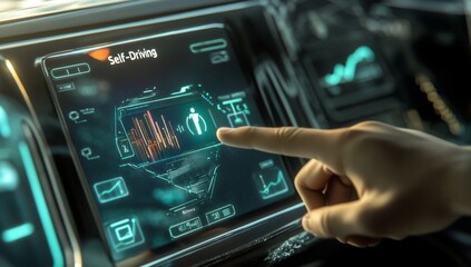 Obraz premium Close-up photo of hand touching at futuristic screen on the dashboard of self-driving car 