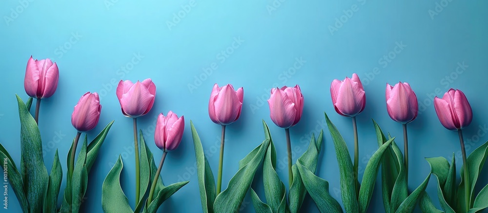 Poster violet tulips arranged on a blue background creating a vibrant springtime card mockup with blank spa