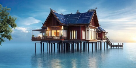 dark red and ivory luxury coastal stilt house with modern solar panel technology and cozy elegant balcony 