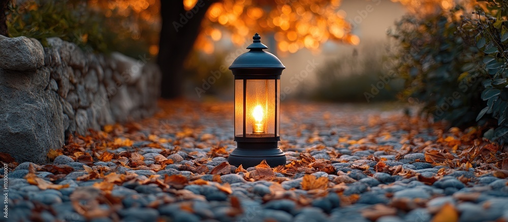Poster autumn street scene featuring a glowing lantern beside a tree with fallen leaves creating a warm and