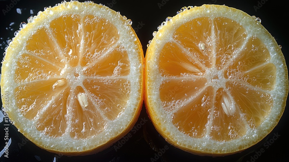 Aufkleber freshly sliced lemon halves on a dark reflective surface showcasing vibrant yellow color and texture
