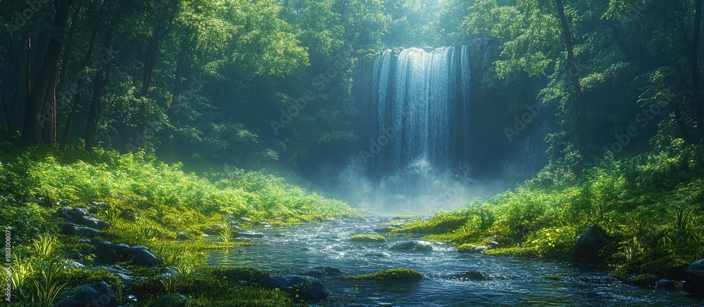 Poster serene forest stream leading to a hidden waterfall surrounded by lush greenery and soft mist in a tr