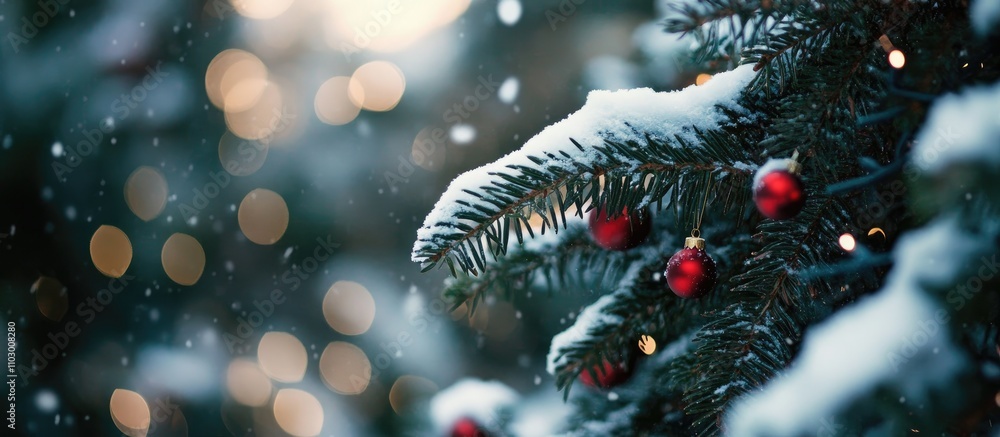 Poster festive green fir tree decorated with red ornaments and snow illuminated by soft bokeh lights creati