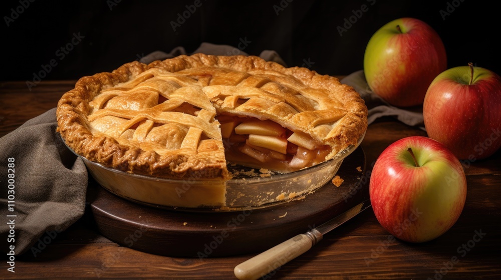 Poster freshly baked apple pie with cinnamon accents and a slice displayed alongside ripe apples and a rust