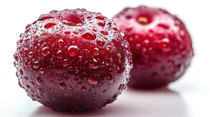 Fresh red plums with water droplets isolated on a white background highlighting their rich color and texture