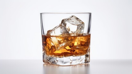 Glass of scotch whiskey with ice cubes elegantly placed on a minimalist white background for a refined beverage presentation