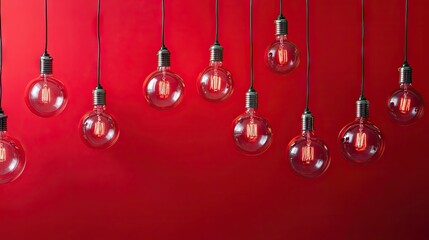 Vibrant red background with an array of lightbulbs, creating an energetic ambiance. This image captures the allure of lightbulbs against a striking backdrop, ideal for various designs.
