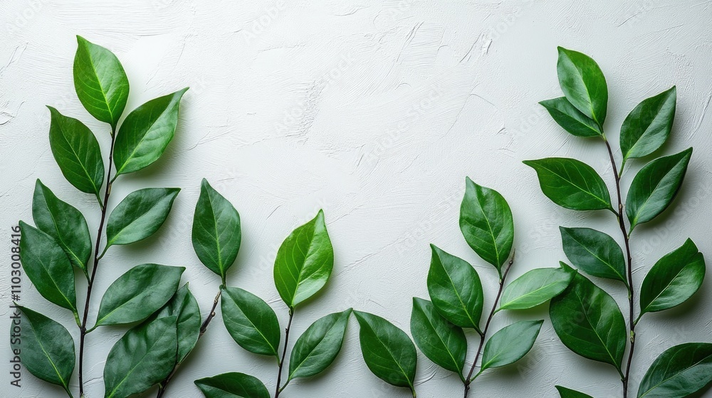 Poster zamioculcas branches arranged on a white background with ample space for text highlighting the textu