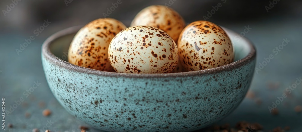 Poster quail eggs displayed in a speckled blue bowl on a rustic table showcasing their unique texture and c