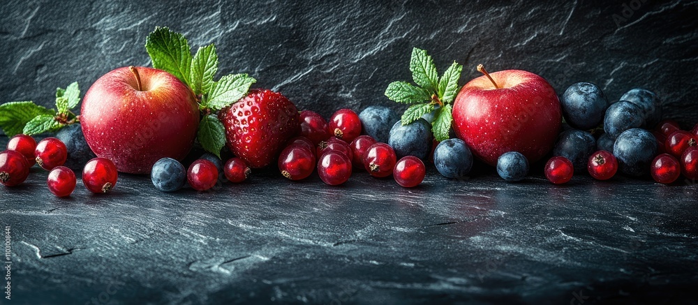 Poster elegant fruit arrangement on a dark slate background showcasing vibrant berries and apples with ampl