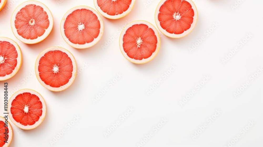 Poster fresh grapefruit slices arranged on a white background creating negative space for text aerial view 