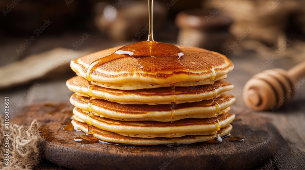 Poster delicious pancake stack drizzled with honey, perfect for a delightful breakfast option. capture the 