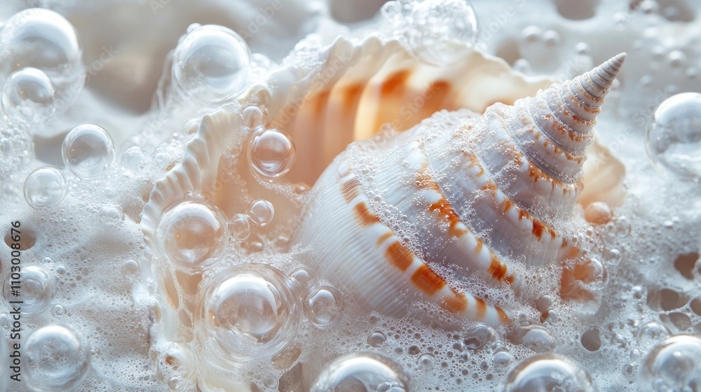 Poster close-up of a beautiful clear seashell surrounded by bubbles nestled in the sand, capturing the intr