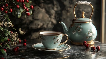 Fototapeta premium Hot tea served in an elegant porcelain cup alongside a matching teapot creates a warm ambiance. Perfect for depicting a cozy tea moment with ample space for customization.