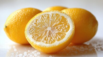 Freshly cut lemon half showcasing juicy interior with whole lemons in the background on a light surface, ideal for culinary themes.