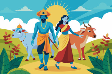 A vibrant illustration depicting the Hindu deities Krishna and Radha, holding hands, walking through a picturesque landscape.