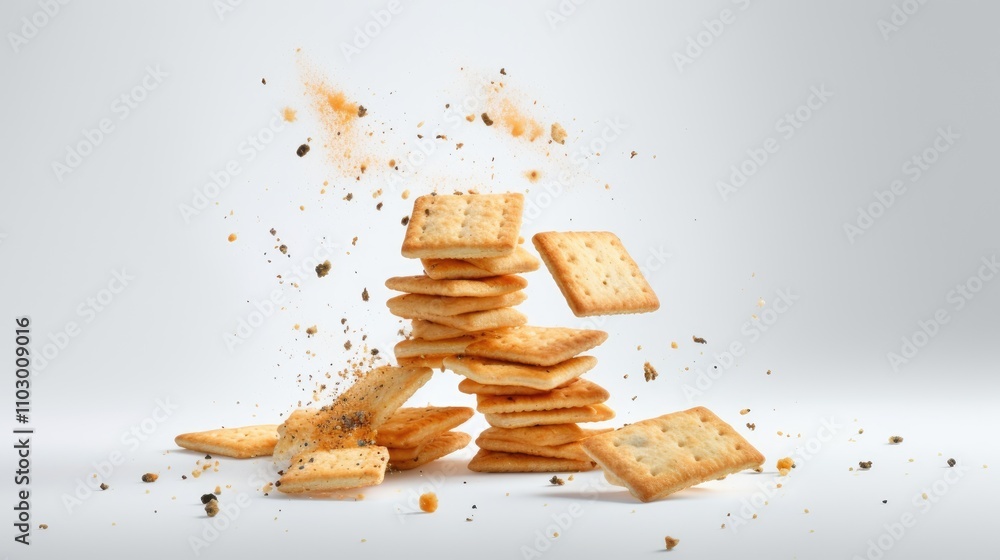 Poster crackers falling with crumbs against a clean white backdrop showcasing texture and snack concept in 