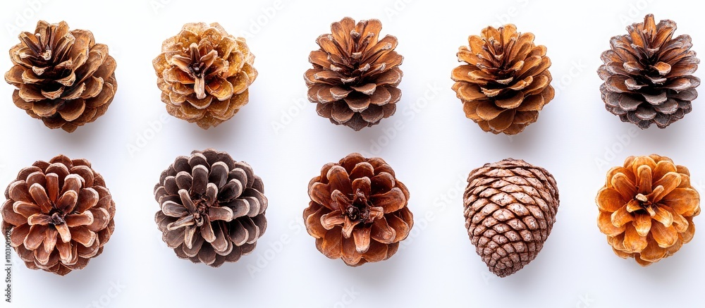 Poster various pine cones arranged in a row against a clean white background showcasing diverse shapes and 
