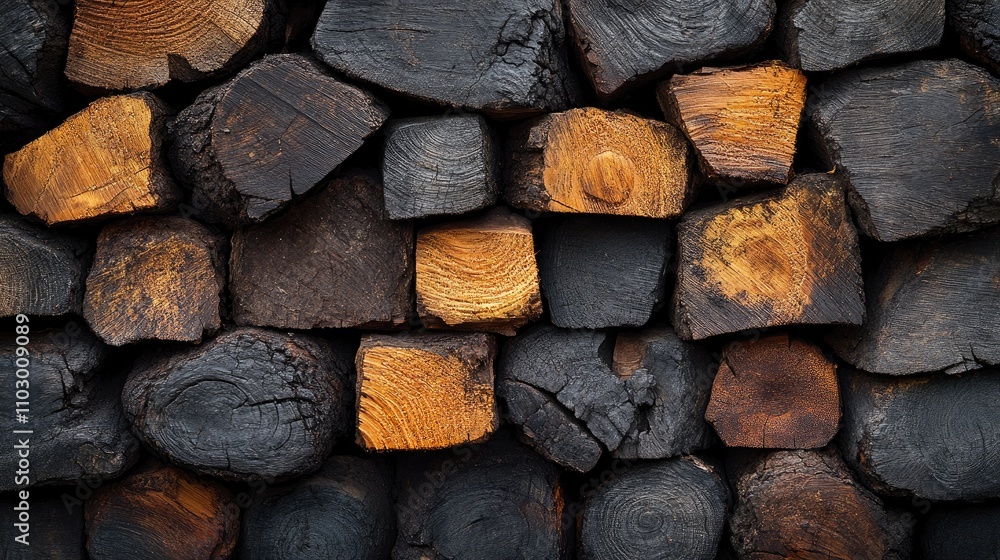 Poster textured stack of rustic tree bark trunks and logs for organic background and design elements in nat