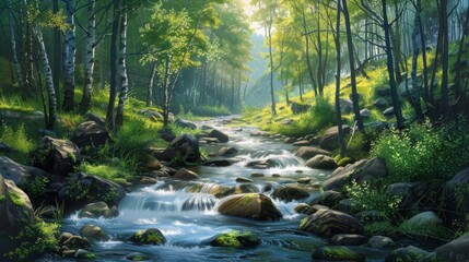 Obraz premium Serene Forest River Landscape: Tranquil Stream Flowing Through Lush Green Birch Trees and Rocky Banks