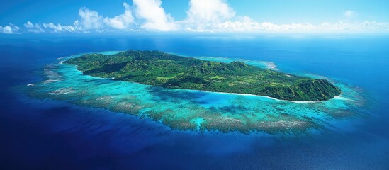 Naklejka premium Tropical island paradise with lush greenery and vibrant turquoise waters aerial view showcasing serene beauty and ideal vacation destination