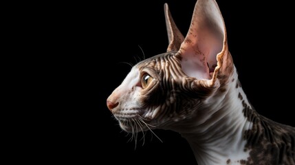 Cornish Rex cat profile portrait on black background showcasing unique fur texture and striking features