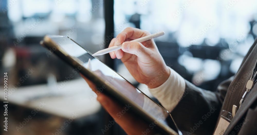 Poster stylus, hands and man in office, tablet and internet with network, connection or digital app. closeu