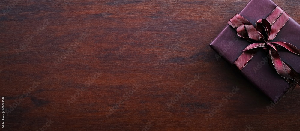 Poster elegant gift box wrapped in dark ribbon on a polished wooden table with empty space for personalized