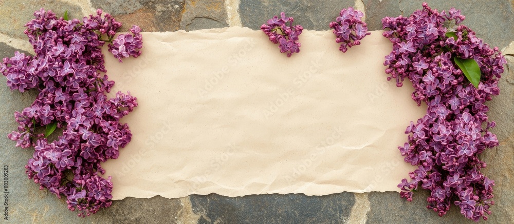 Poster lilac flowers elegantly frame a blank sheet of paper on a textured stone surface creating a serene f