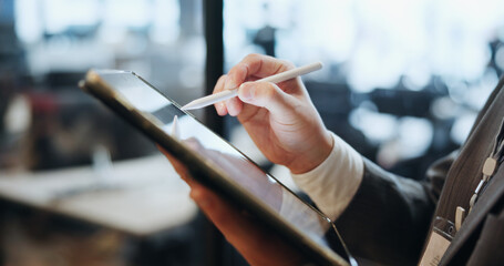 Stylus, hands and man in office, tablet and internet with network, connection or digital app. Closeup, employee or consultant in workplace, message to contact or tech with email notification or Japan