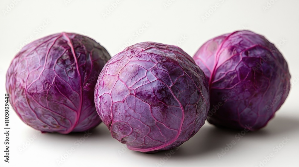 Poster fresh red cabbages arranged artistically on a white background showcasing their vibrant color and te